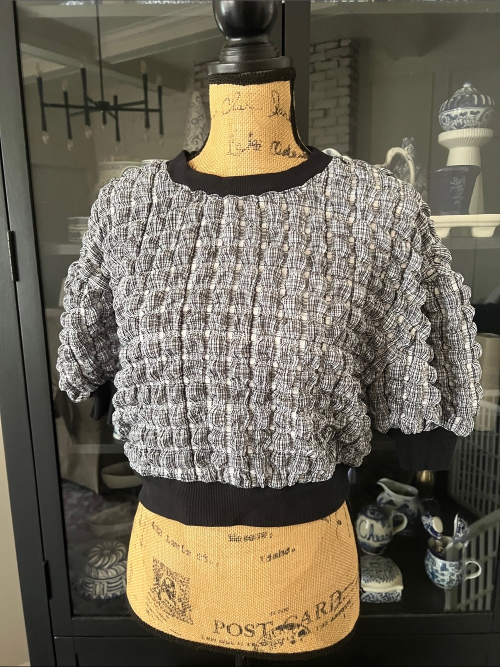 Maeve Black and White Textured Cropped Pullover